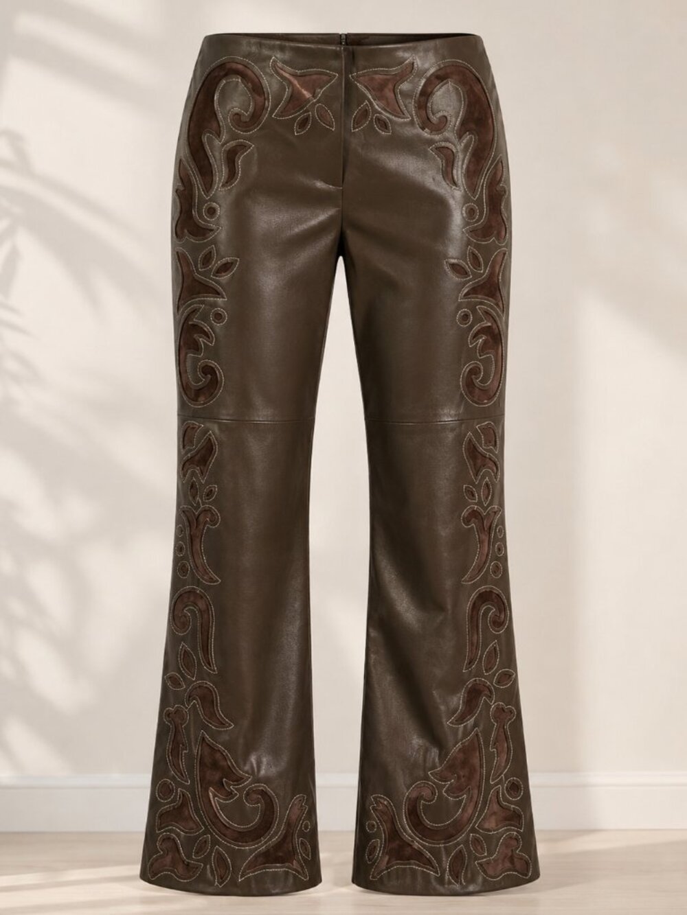 Danier Brown Leather & Suede Bootcut Western Applique Pants SZ 8